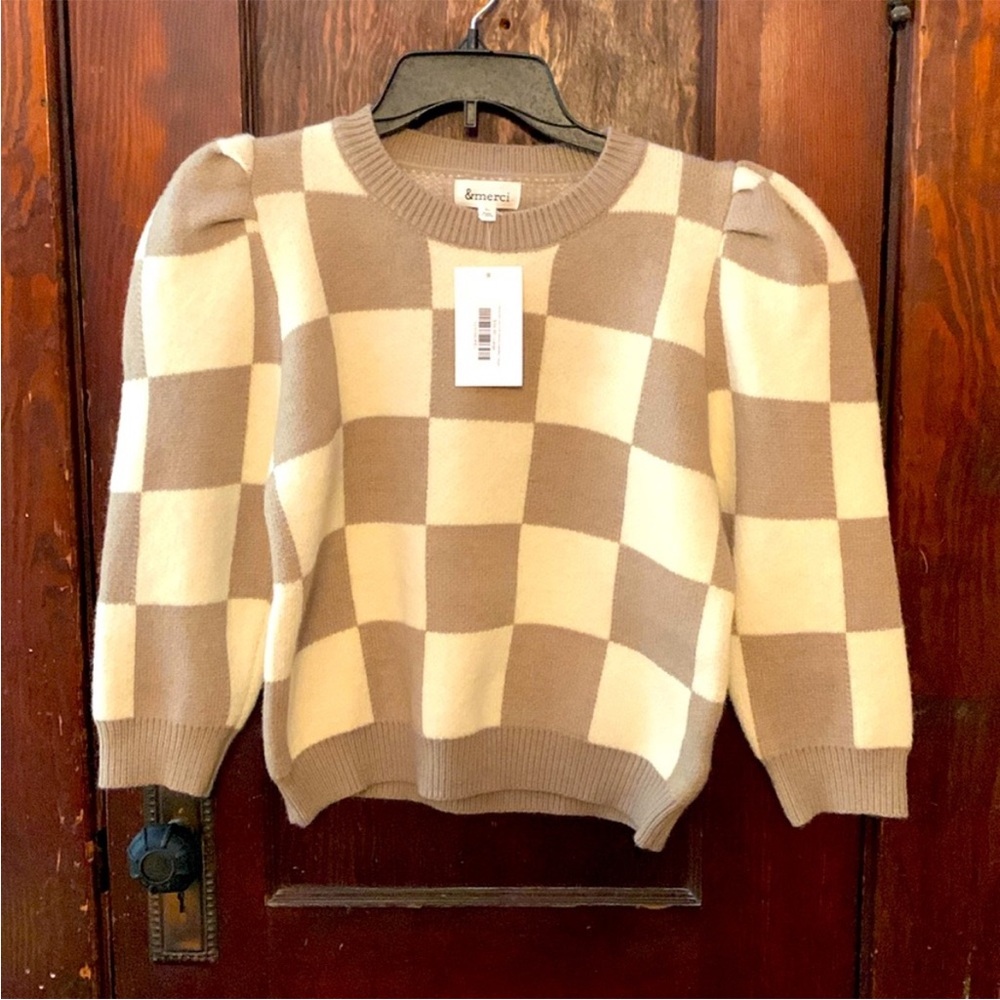 & MERCI like new ! Checkered puffed sleeves chunky sweater ! Size large